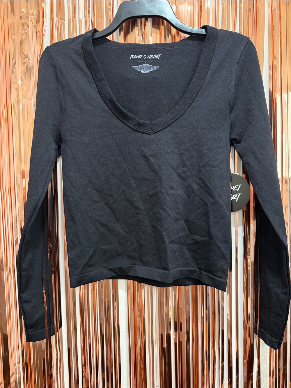 Black V-Neck Long Sleeve Slim Tee NEW L
